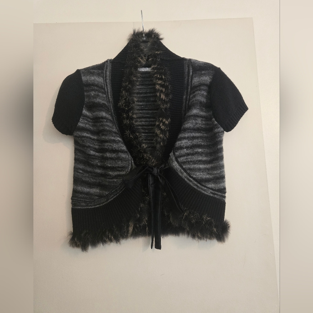 Alberto Makali Black and Gray Knit Cardigan with Fuzzy Trim